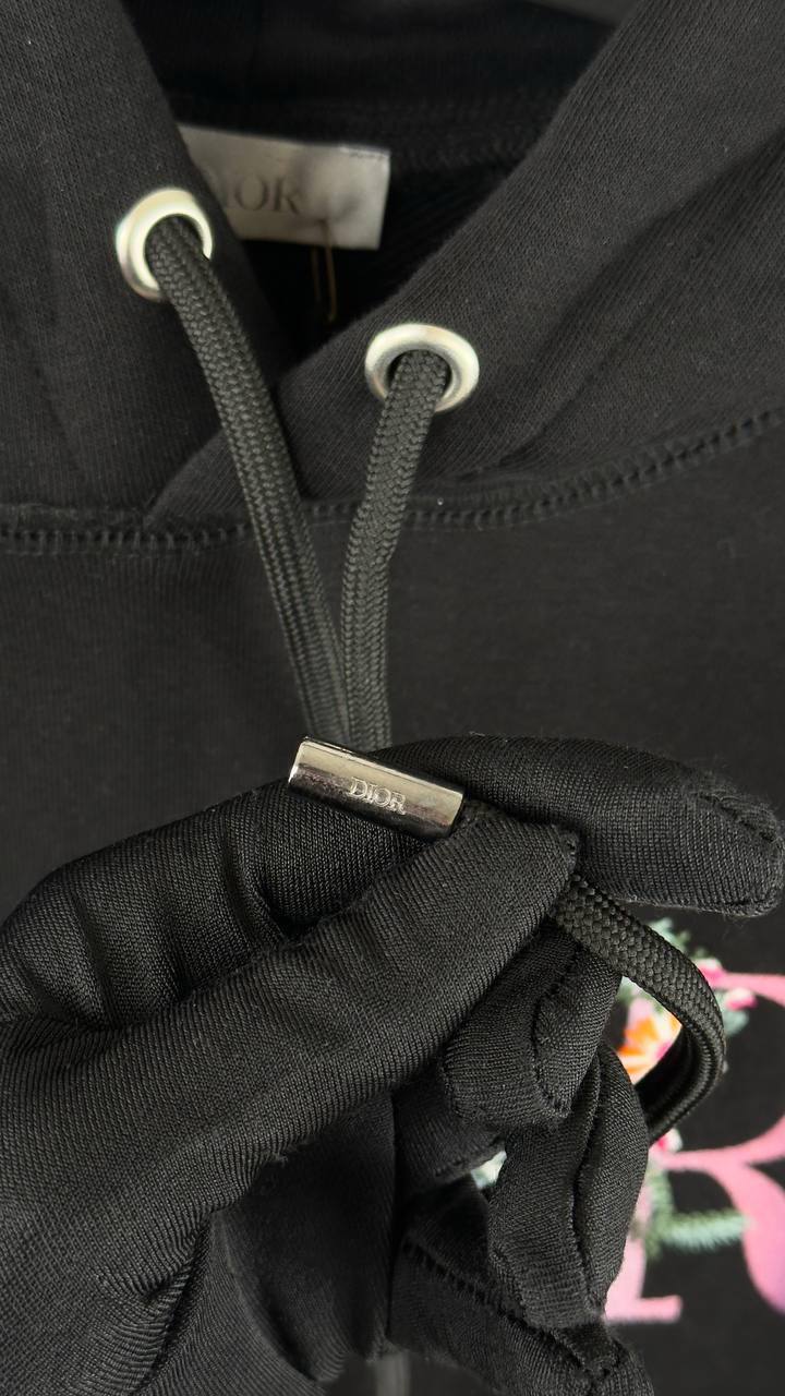 Dior Black Hoodie Featuring a Multicolor Floral Embroidered Logo