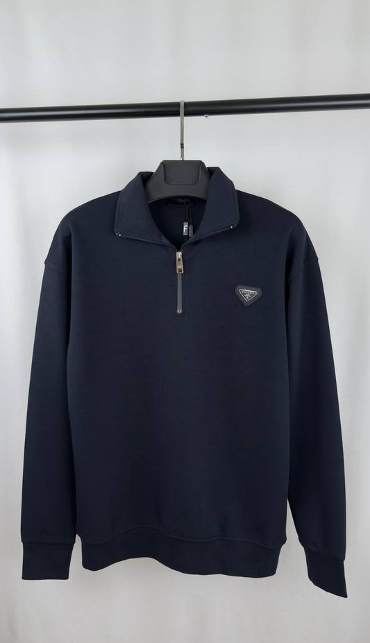 Prada Cotton Half-Zipper Sweatshirt Featuring the Enameled Metal Triangle Logo