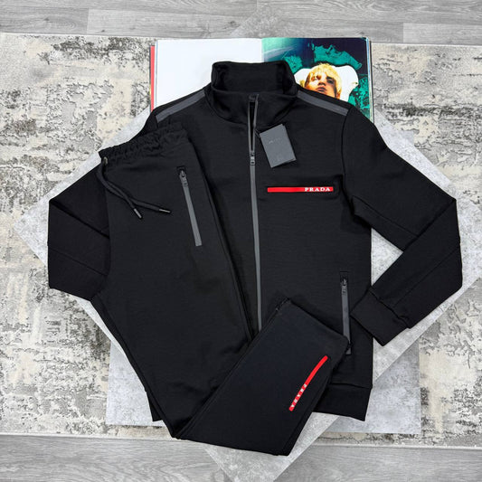 Prada Full-Zip Tracksuit with a Red Stripe Logo Accent