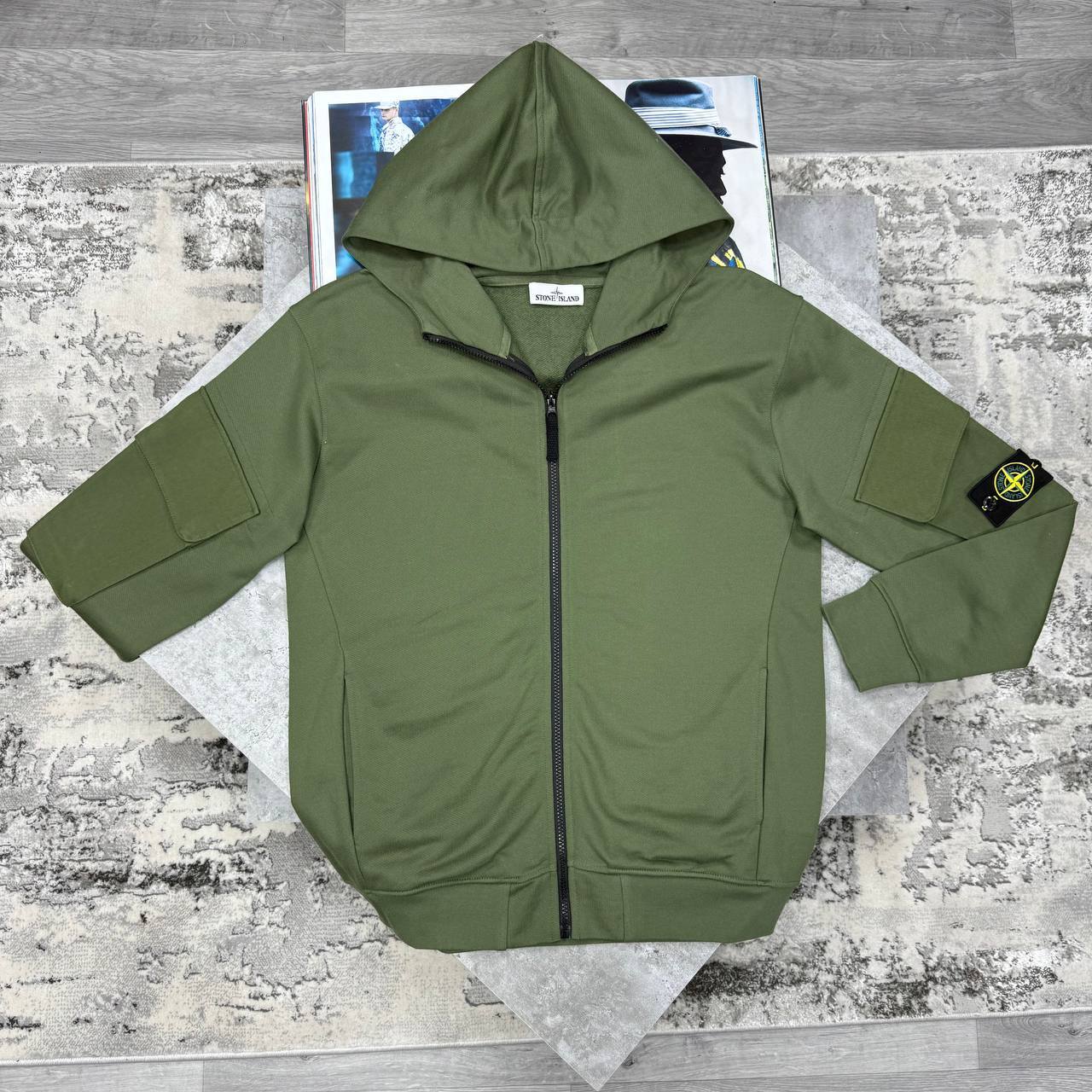Stone Island Zip-Up Hoodie with a Compass Patch on the Sleeve