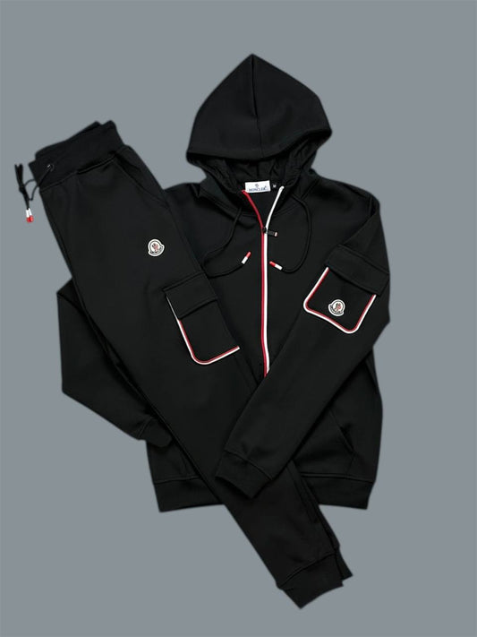 Moncler Hooded Tracksuit with Contrasting White and Red Trim on the Pockets & Zipper