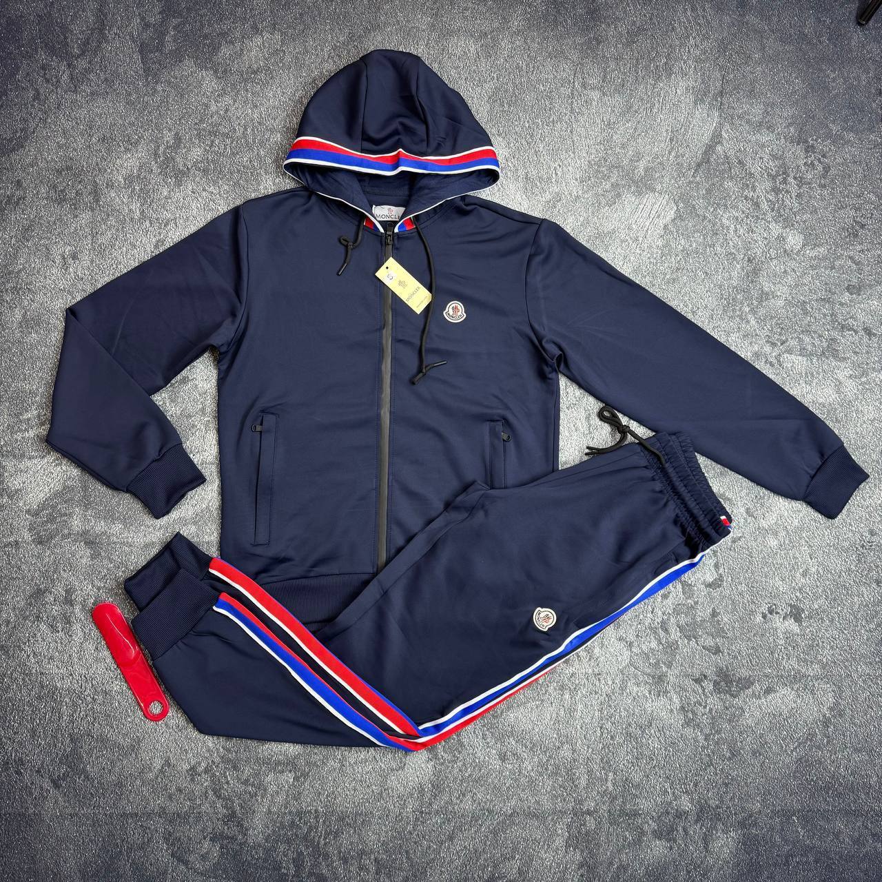 Moncler Zip-Up Tracksuit with Tricolor Stripes.