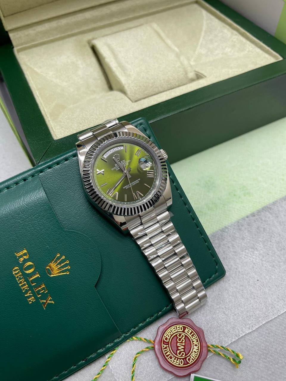 Rolex Oyster Perpetual Day-Date Watches in White Gold with President Bracelets.