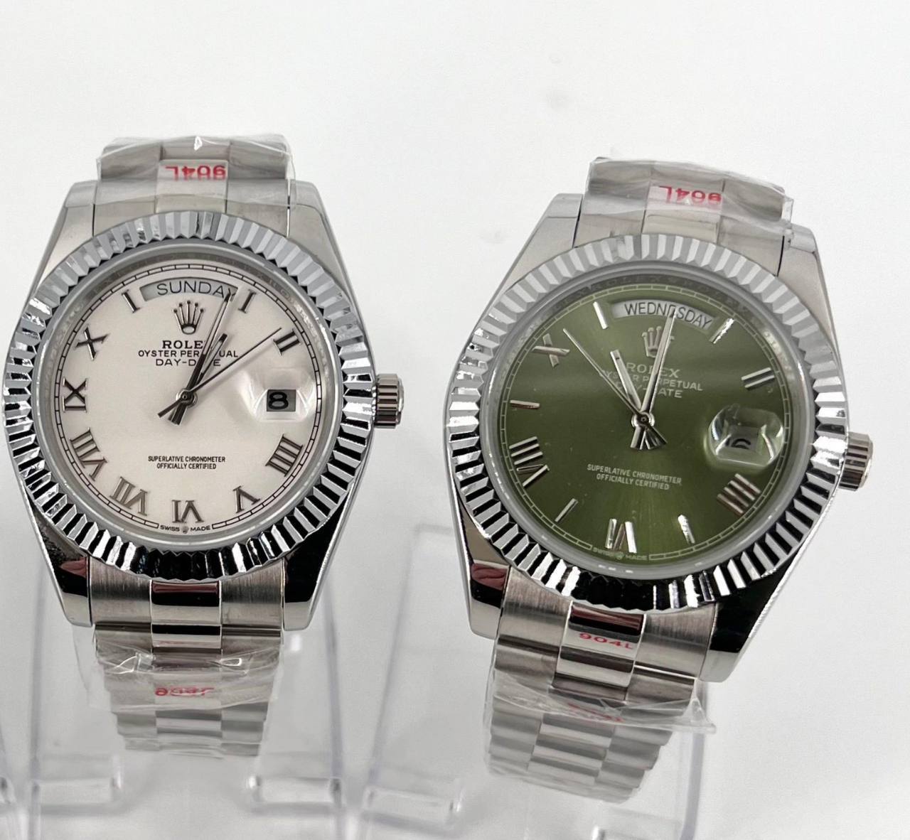 Rolex Oyster Perpetual Day-Date Watches in White Gold with President Bracelets.