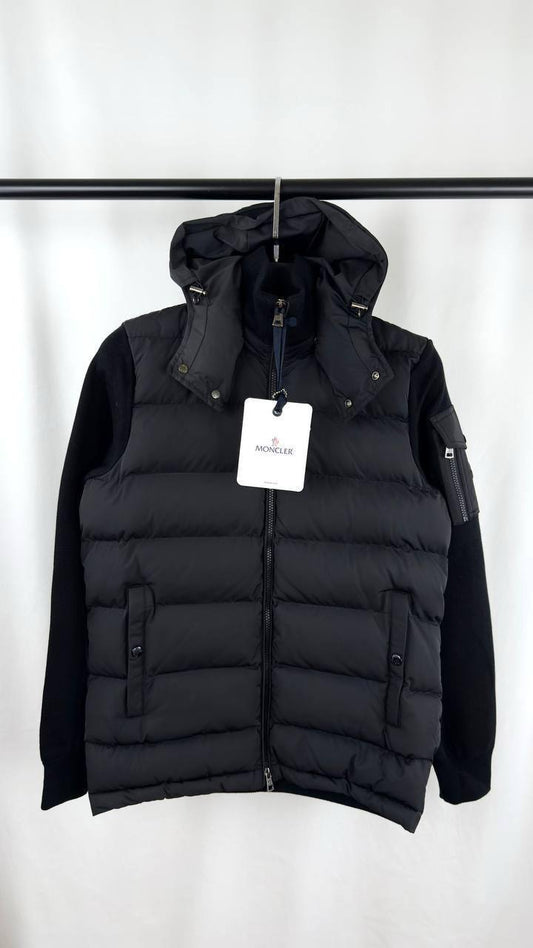 Moncler Hybrid Hooded Jacket with a Down Padded Front and Knitted Sleeves