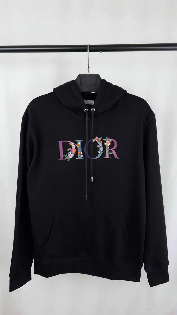Dior Black Hoodie Featuring a Multicolor Floral Embroidered Logo