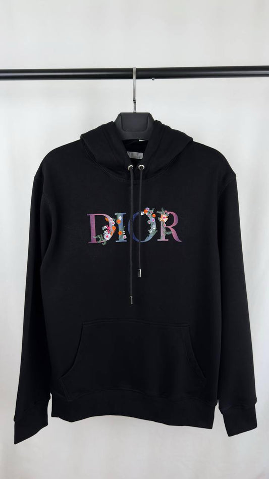 Dior Black Hoodie Featuring a Multicolor Floral Embroidered Logo