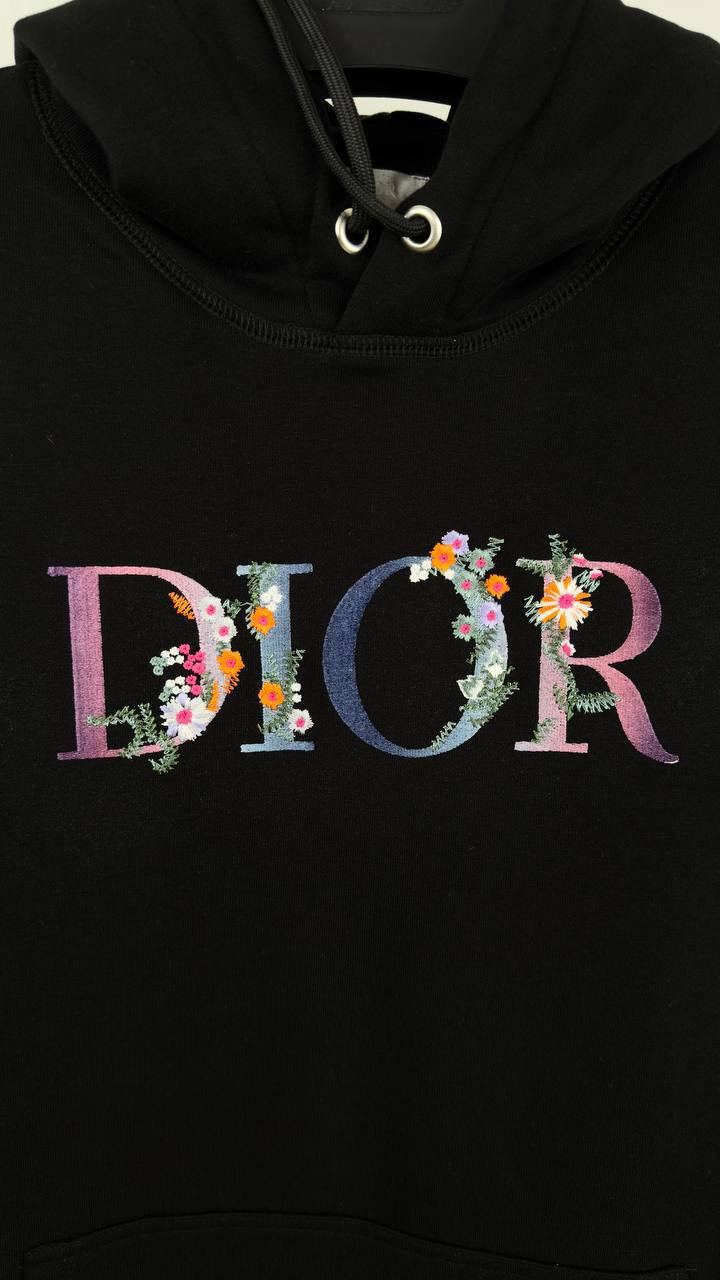 Dior Black Hoodie Featuring a Multicolor Floral Embroidered Logo