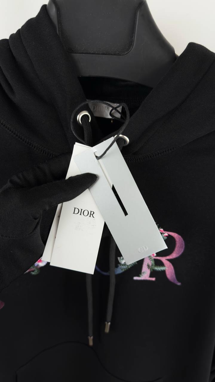 Dior Black Hoodie Featuring a Multicolor Floral Embroidered Logo