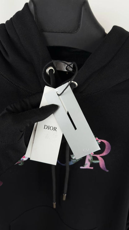 Dior Black Hoodie Featuring a Multicolor Floral Embroidered Logo