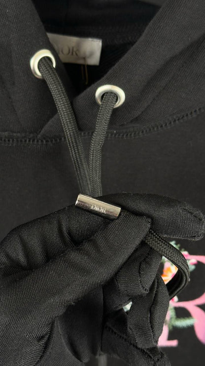 Dior Black Hoodie Featuring a Multicolor Floral Embroidered Logo