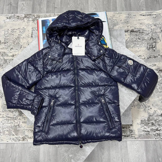 Moncler Maya Hooded Short Down Jacket Crafted from Glossy Nylon Laqué.