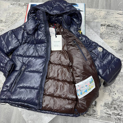 Moncler Maya Hooded Short Down Jacket Crafted from Glossy Nylon Laqué.
