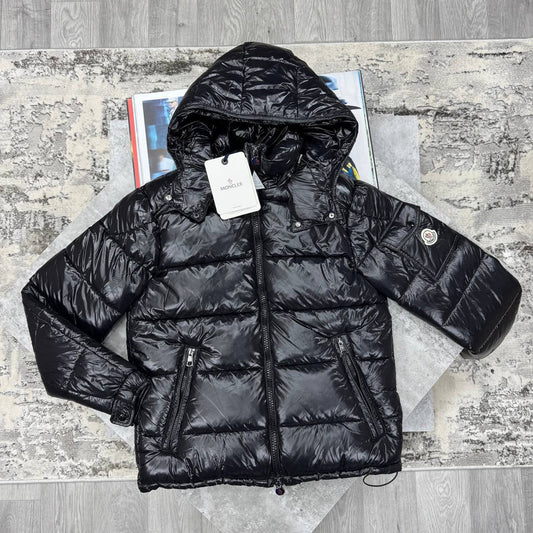 Moncler Maya Hooded Short Down Jacket Crafted from Glossy Nylon Laqué.