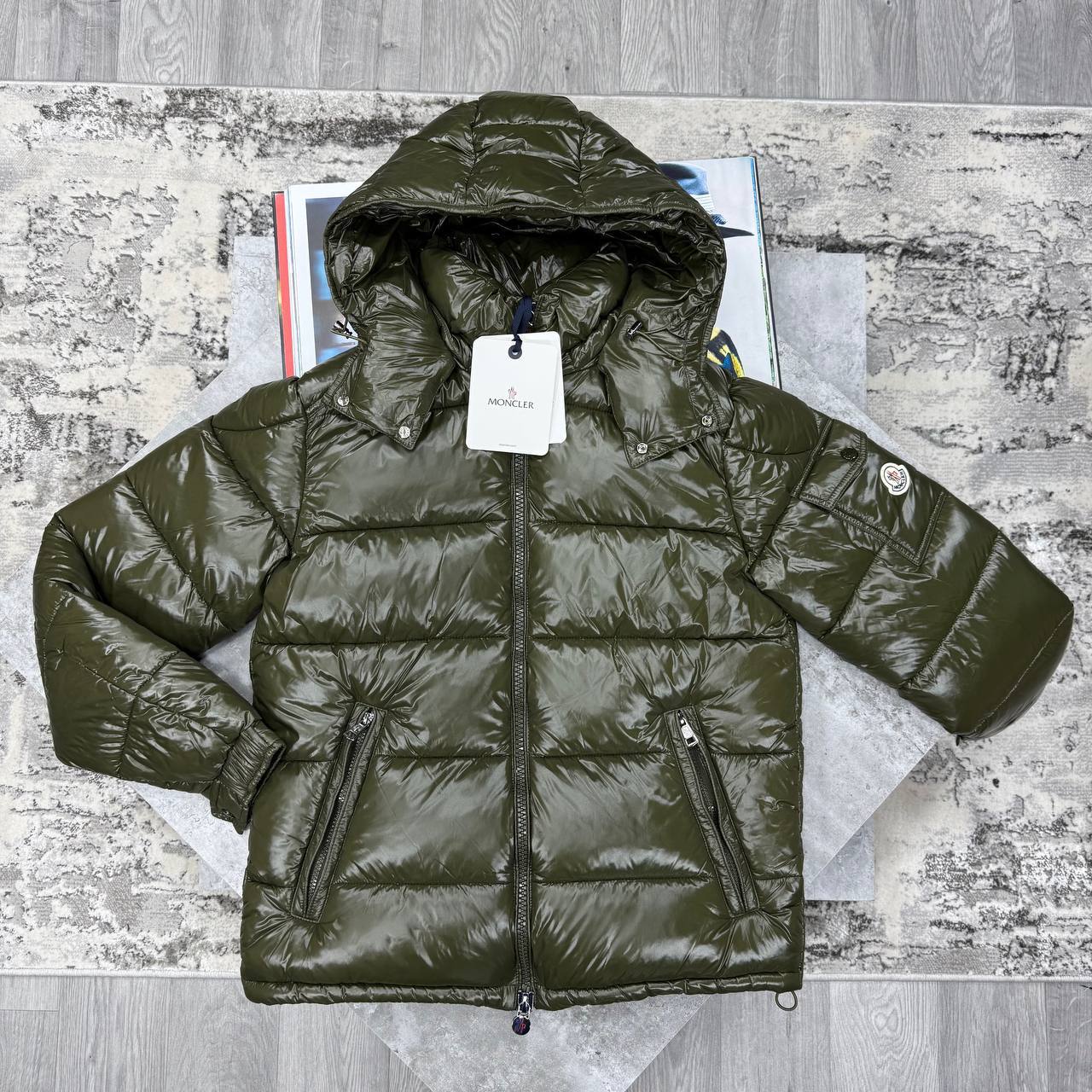 Moncler Maya Hooded Short Down Jacket Crafted from Glossy Nylon Laqué.