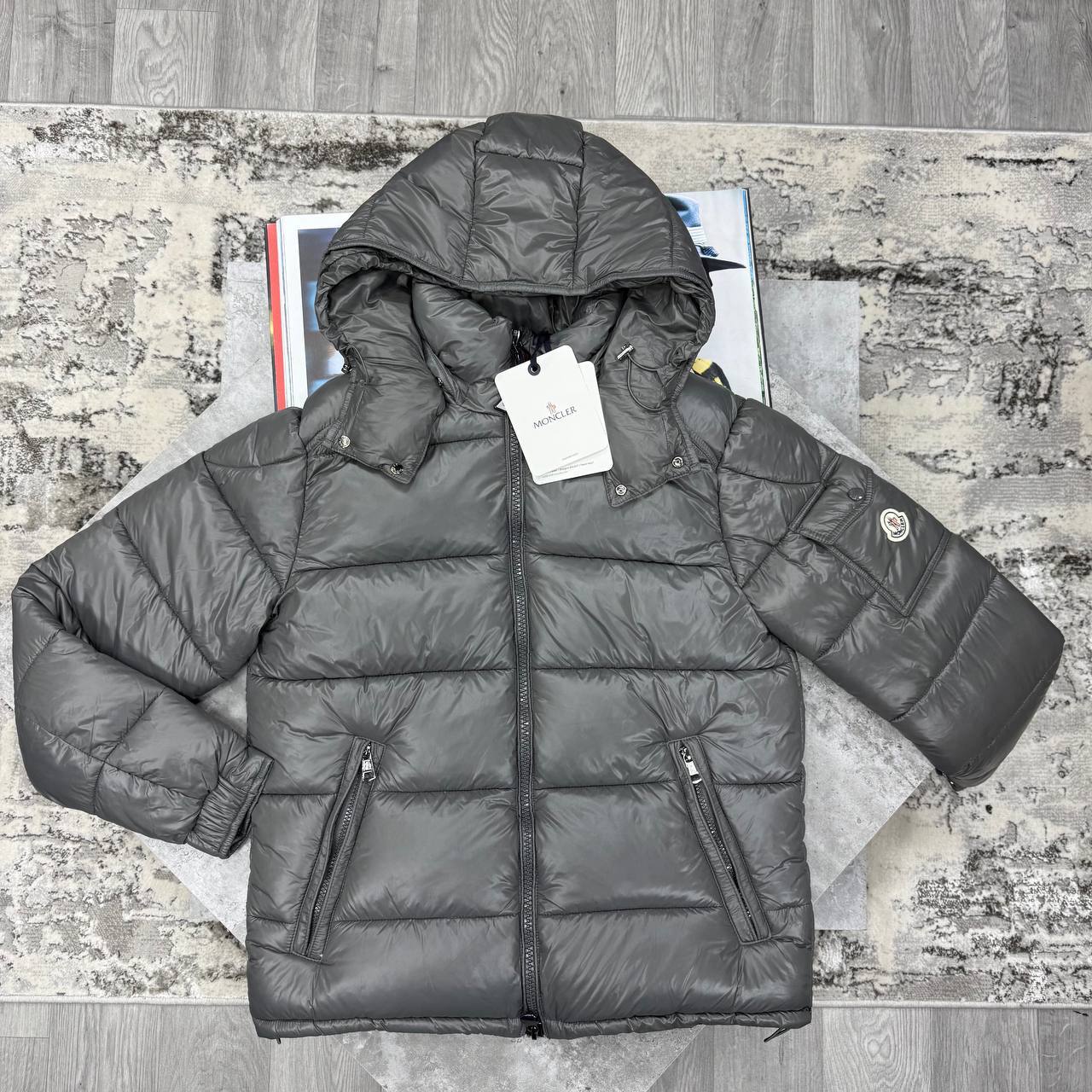 Moncler Maya Hooded Short Down Jacket Crafted from Glossy Nylon Laqué.