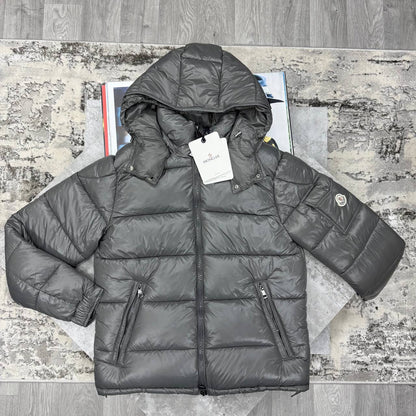 Moncler Maya Hooded Short Down Jacket Crafted from Glossy Nylon Laqué.