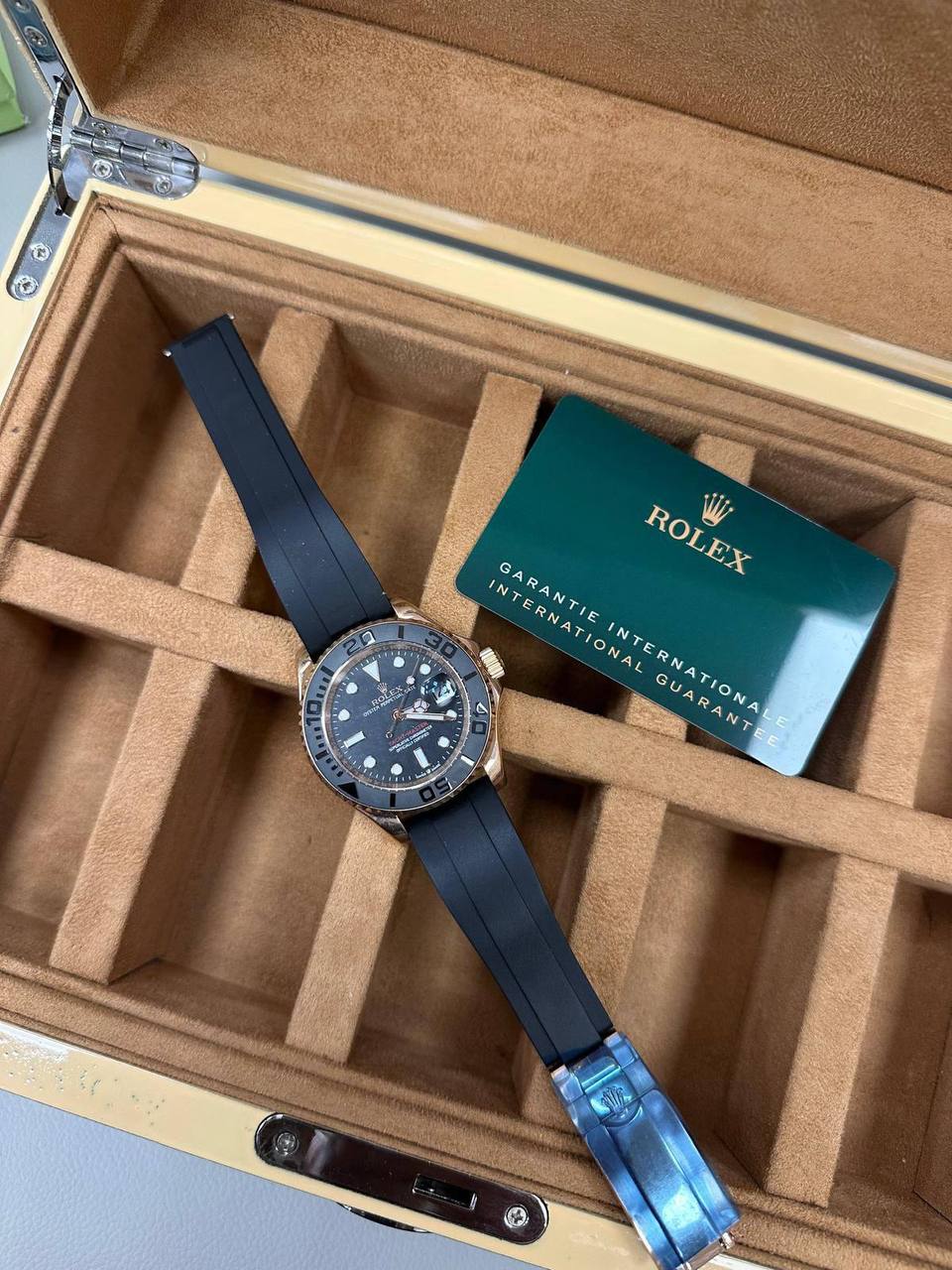 Rolex Yacht-Master 40 with an 18K Everose Gold Case, Black Cerachrom Bezel, and a Black Oysterflex Rubber Strap