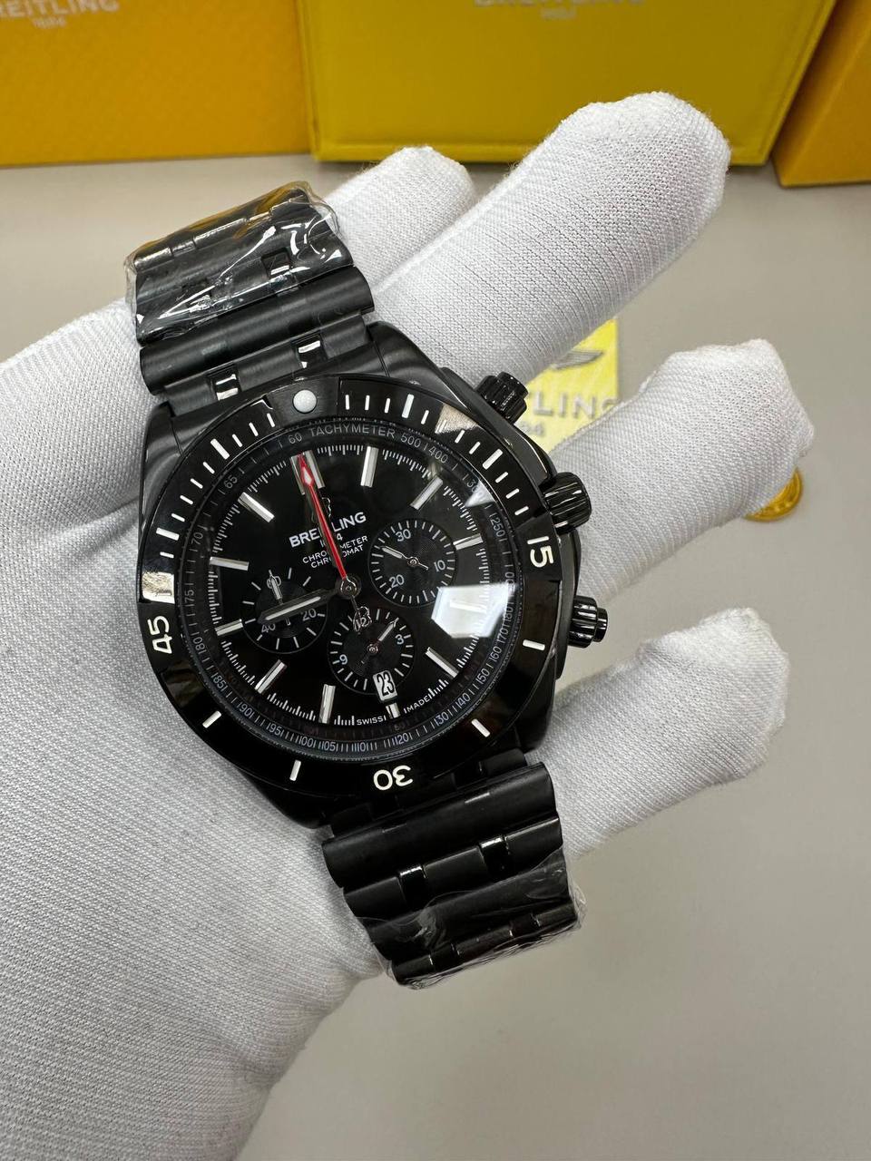 Breitling Chronomat Watch with a Black Dial & a Black Steel Case & Bracelet