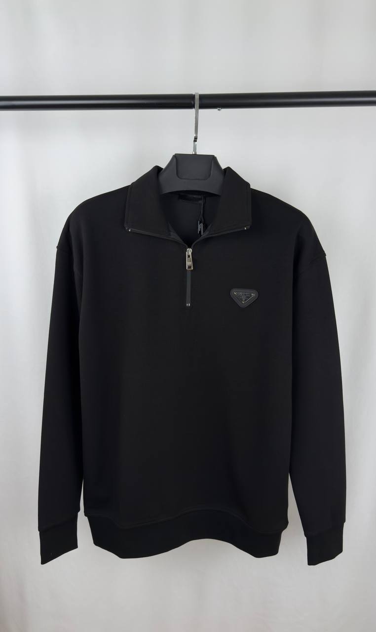 Prada Cotton Half-Zipper Sweatshirt Featuring the Enameled Metal Triangle Logo