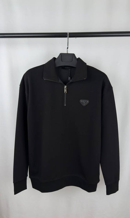 Prada Cotton Half-Zipper Sweatshirt Featuring the Enameled Metal Triangle Logo