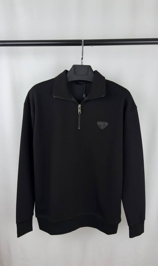 Prada Cotton Half-Zipper Sweatshirt Featuring the Enameled Metal Triangle Logo