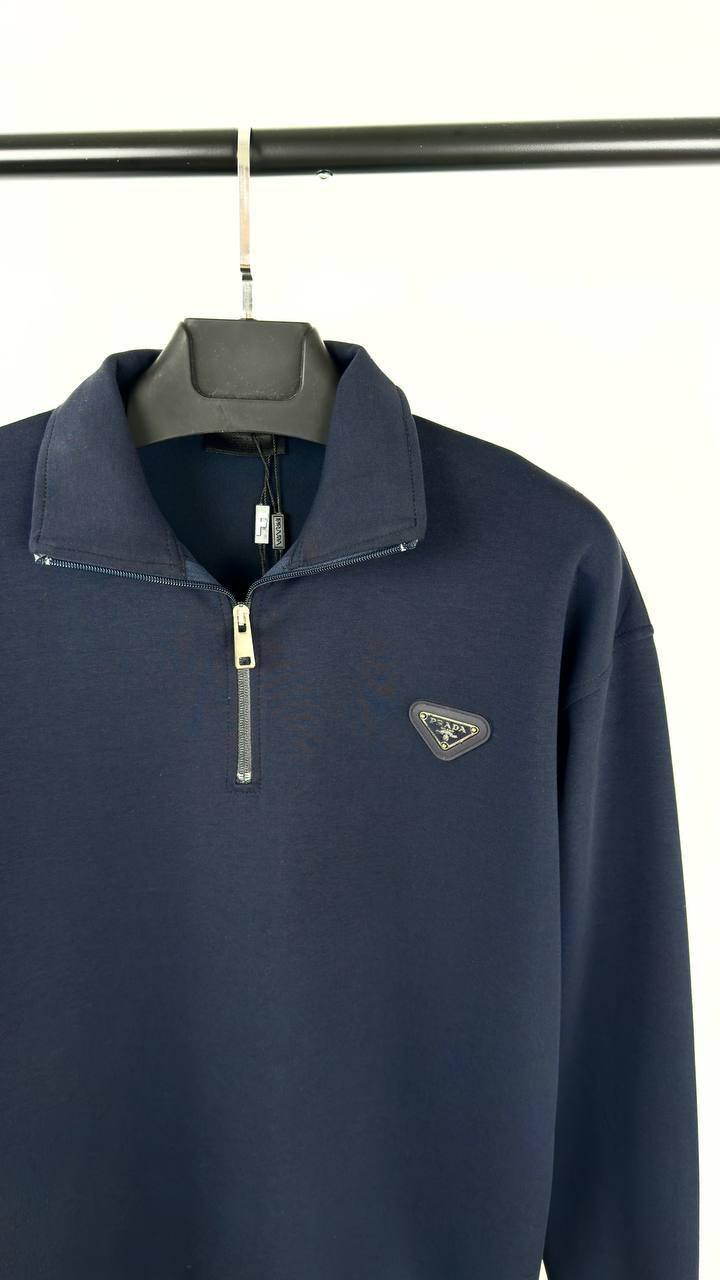 Prada Cotton Half-Zipper Sweatshirt Featuring the Enameled Metal Triangle Logo