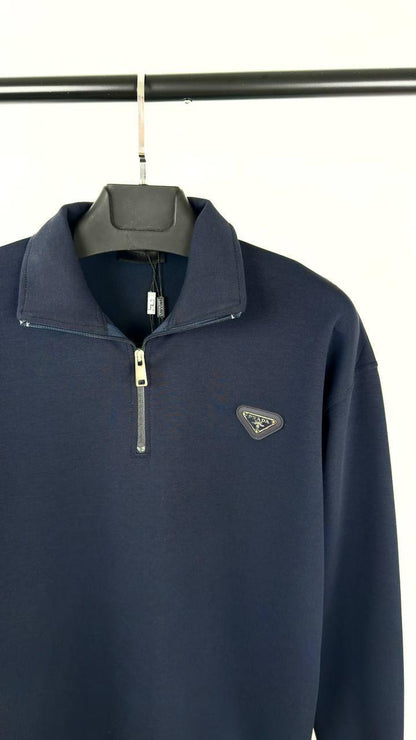 Prada Cotton Half-Zipper Sweatshirt Featuring the Enameled Metal Triangle Logo