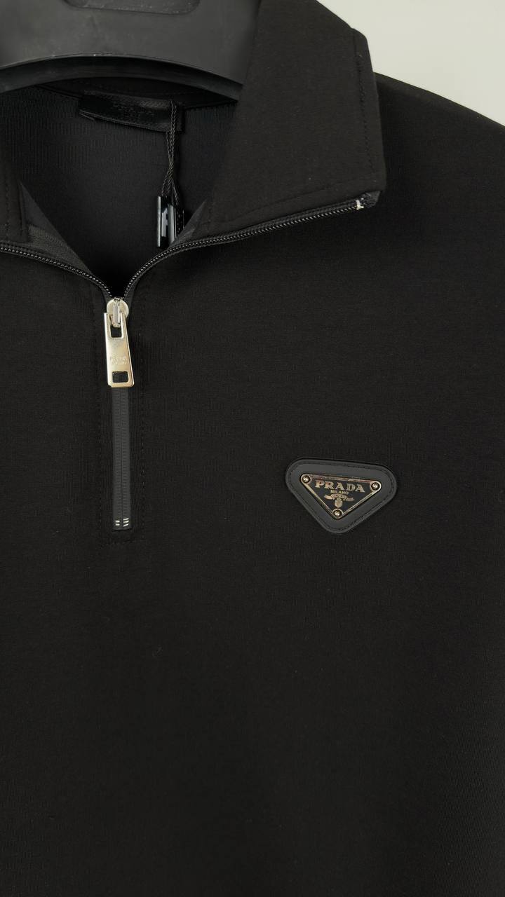 Prada Cotton Half-Zipper Sweatshirt Featuring the Enameled Metal Triangle Logo
