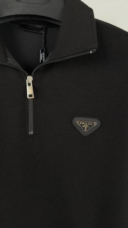 Prada Cotton Half-Zipper Sweatshirt Featuring the Enameled Metal Triangle Logo