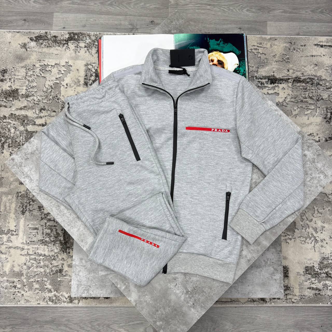 Prada Full-Zip Tracksuit with a Red Stripe Logo Accent