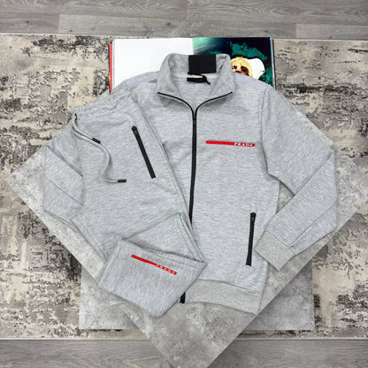Prada Full-Zip Tracksuit with a Red Stripe Logo Accent