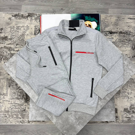 Prada Full-Zip Tracksuit with a Red Stripe Logo Accent