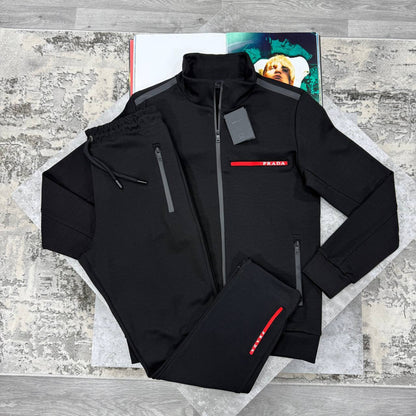 Prada Full-Zip Tracksuit with a Red Stripe Logo Accent