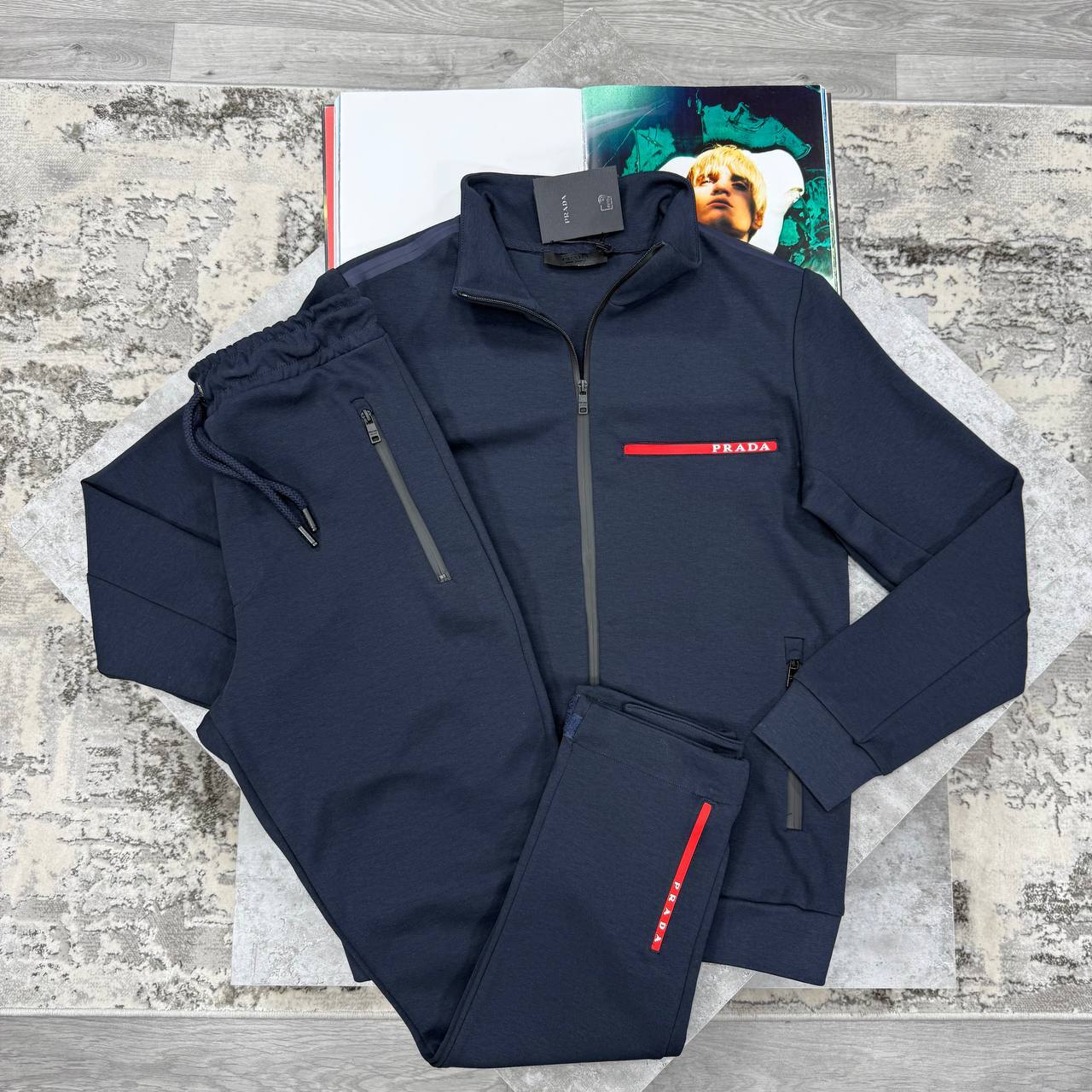 Prada Full-Zip Tracksuit with a Red Stripe Logo Accent