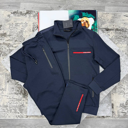 Prada Full-Zip Tracksuit with a Red Stripe Logo Accent