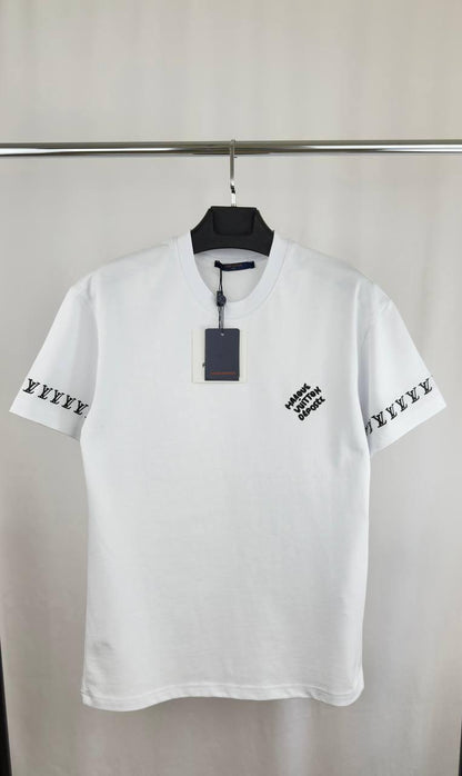 Louis Vuitton Short-Sleeved Cotton Crewneck T-Shirt with a Discreet 'Marque L. Vuitton Déposée' on the Chest & a Band of LVs Around the Cuffs