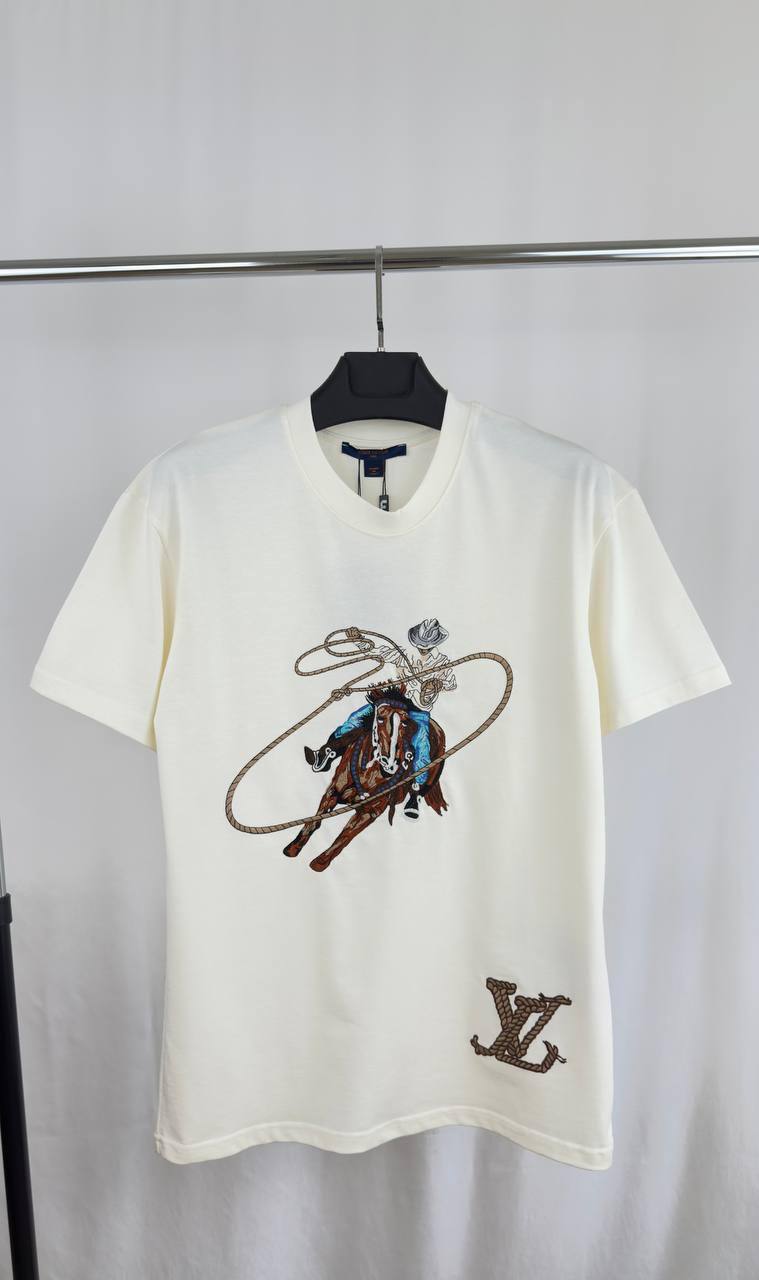 Louis Vuitton Graphic Embroidered Cotton T-Shirt, Featuring a Cowboy Motif with a Lasso & an LV Ropes Signature