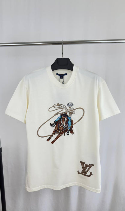 Louis Vuitton Graphic Embroidered Cotton T-Shirt, Featuring a Cowboy Motif with a Lasso & an LV Ropes Signature