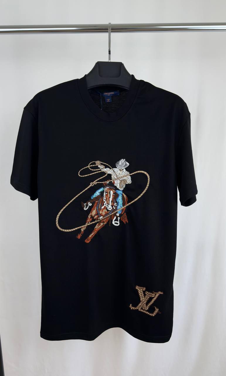 Louis Vuitton Graphic Embroidered Cotton T-Shirt, Featuring a Cowboy Motif with a Lasso & an LV Ropes Signature