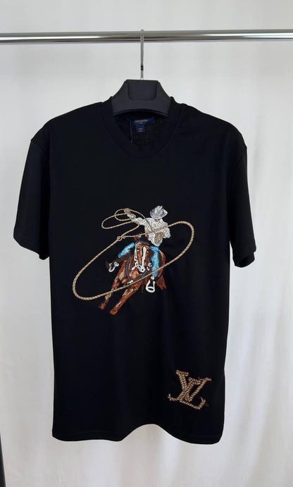 Louis Vuitton Graphic Embroidered Cotton T-Shirt, Featuring a Cowboy Motif with a Lasso & an LV Ropes Signature