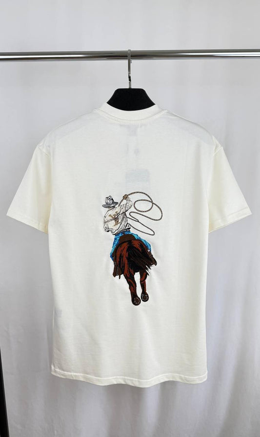 Louis Vuitton Graphic Embroidered Cotton T-Shirt, Featuring a Cowboy Motif with a Lasso & an LV Ropes Signature