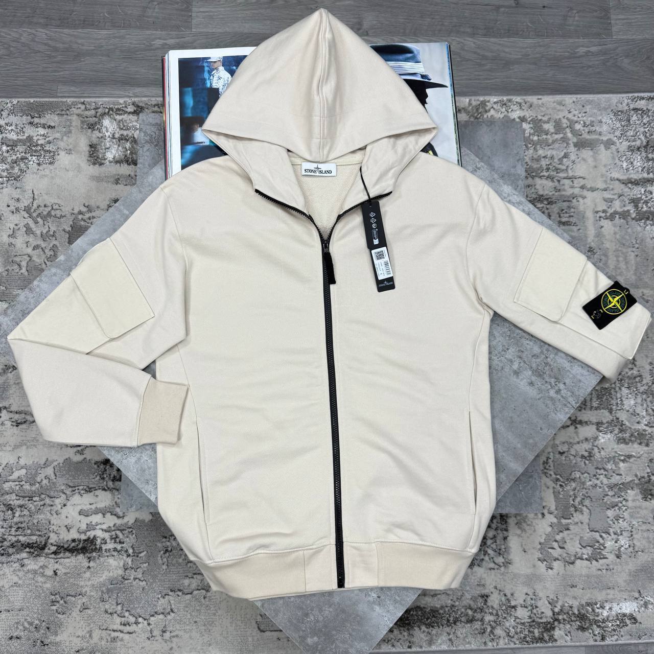 Stone Island Zip-Up Hoodie with a Compass Patch on the Sleeve