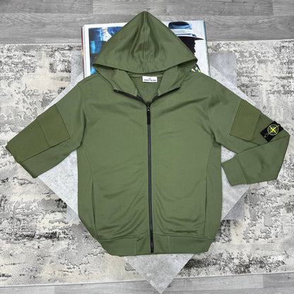 Stone Island Zip-Up Hoodie with a Compass Patch on the Sleeve