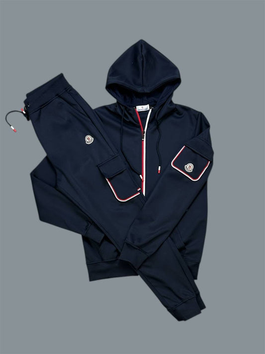 Moncler Hooded Tracksuit with Contrasting White and Red Trim on the Pockets & Zipper