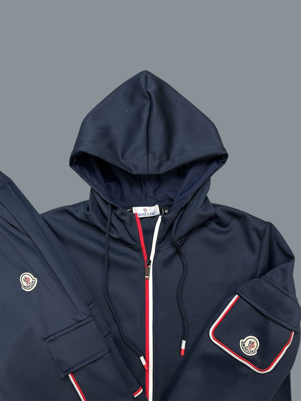 Moncler Hooded Tracksuit with Contrasting White and Red Trim on the Pockets & Zipper