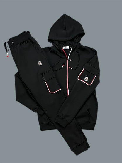 Moncler Hooded Tracksuit with Contrasting White and Red Trim on the Pockets & Zipper