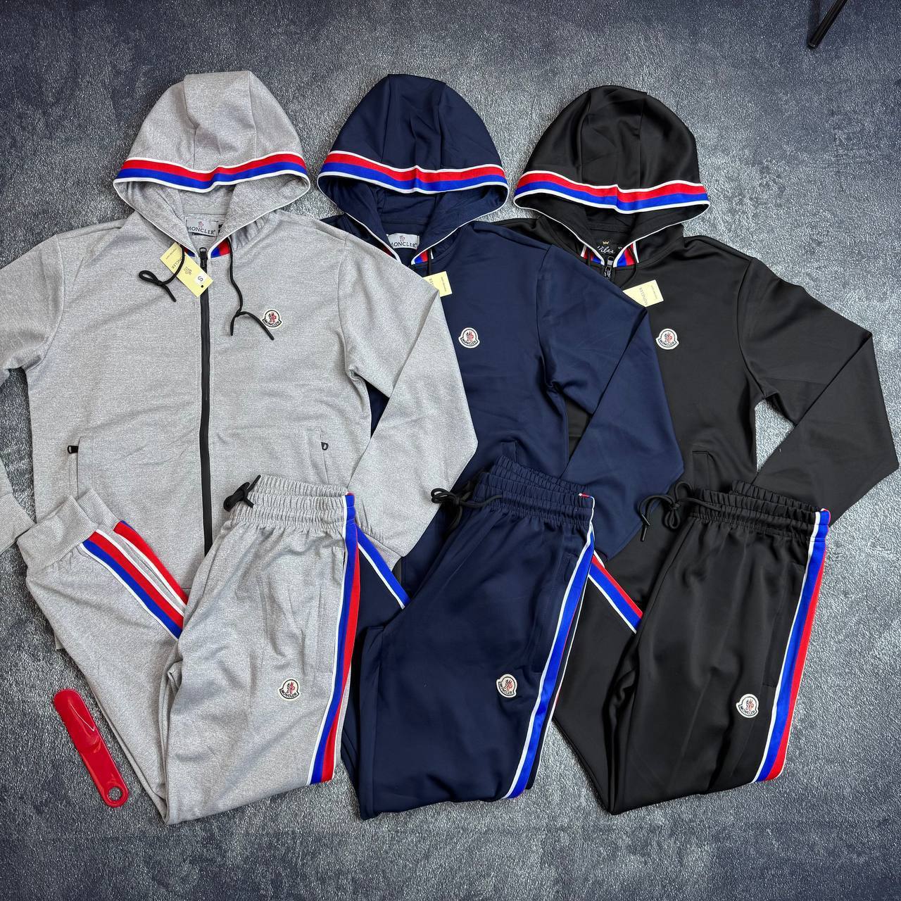 Moncler Zip-Up Tracksuit with Tricolor Stripes.