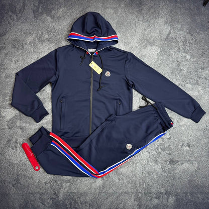Moncler Zip-Up Tracksuit with Tricolor Stripes.