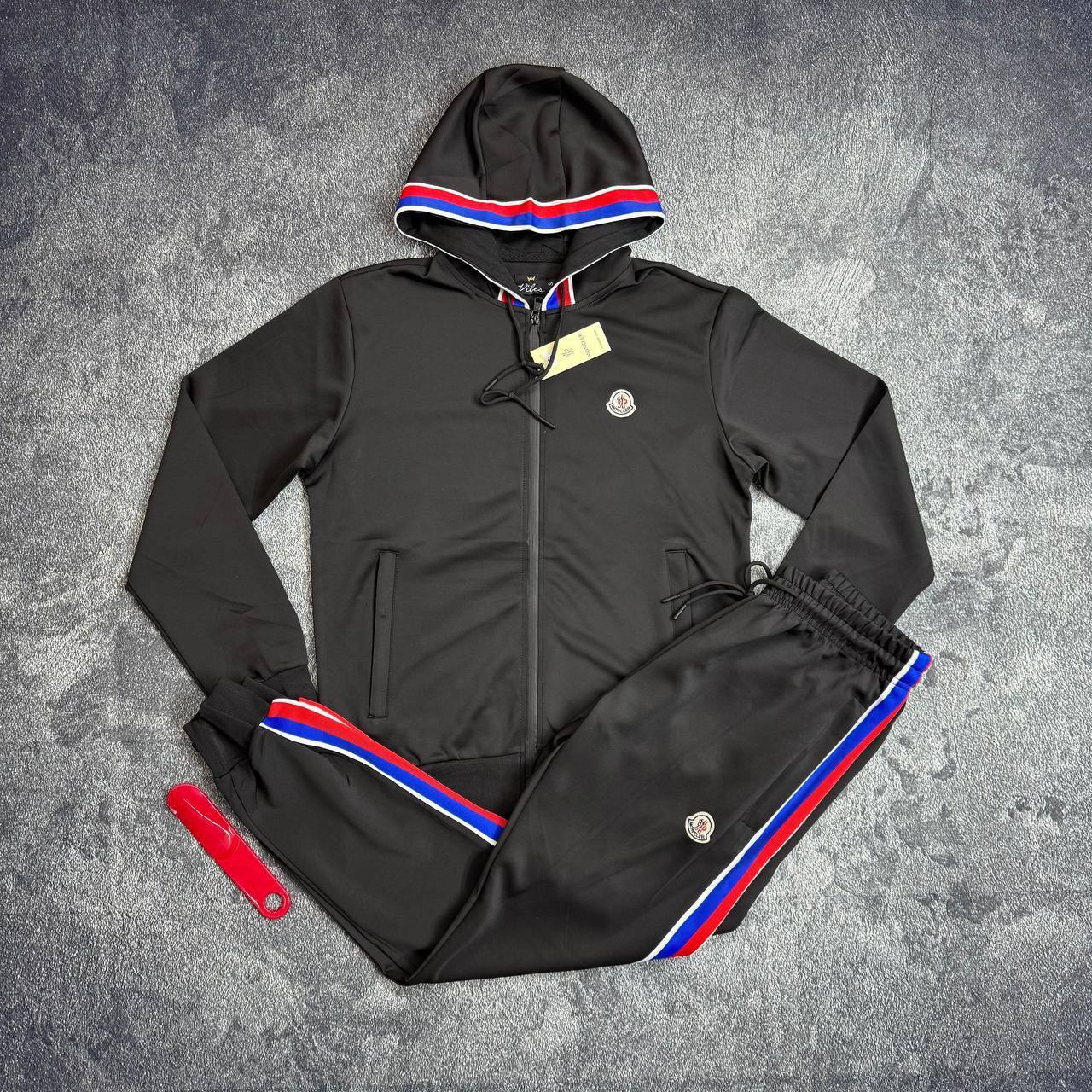 Moncler Zip-Up Tracksuit with Tricolor Stripes.